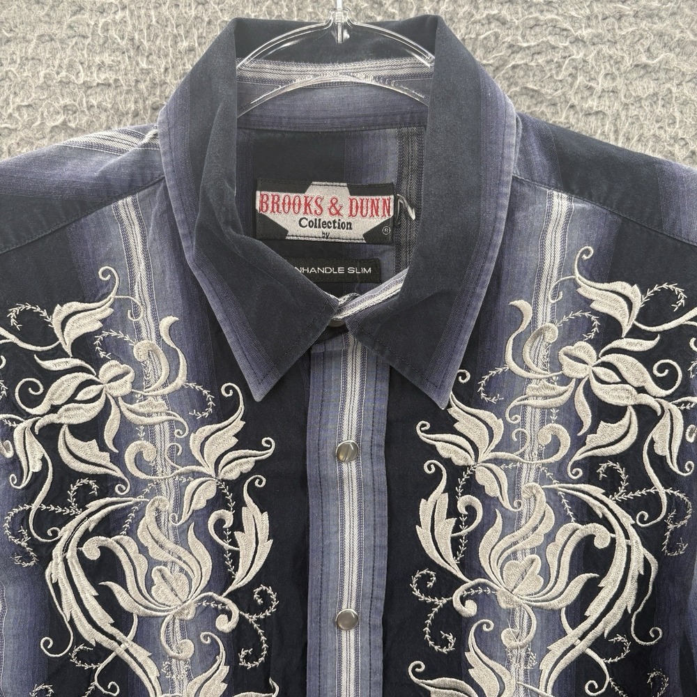 Brooks & Dunn Shirt Mens L Blue Panhandle Slim Western Pearl Snap Embroidered